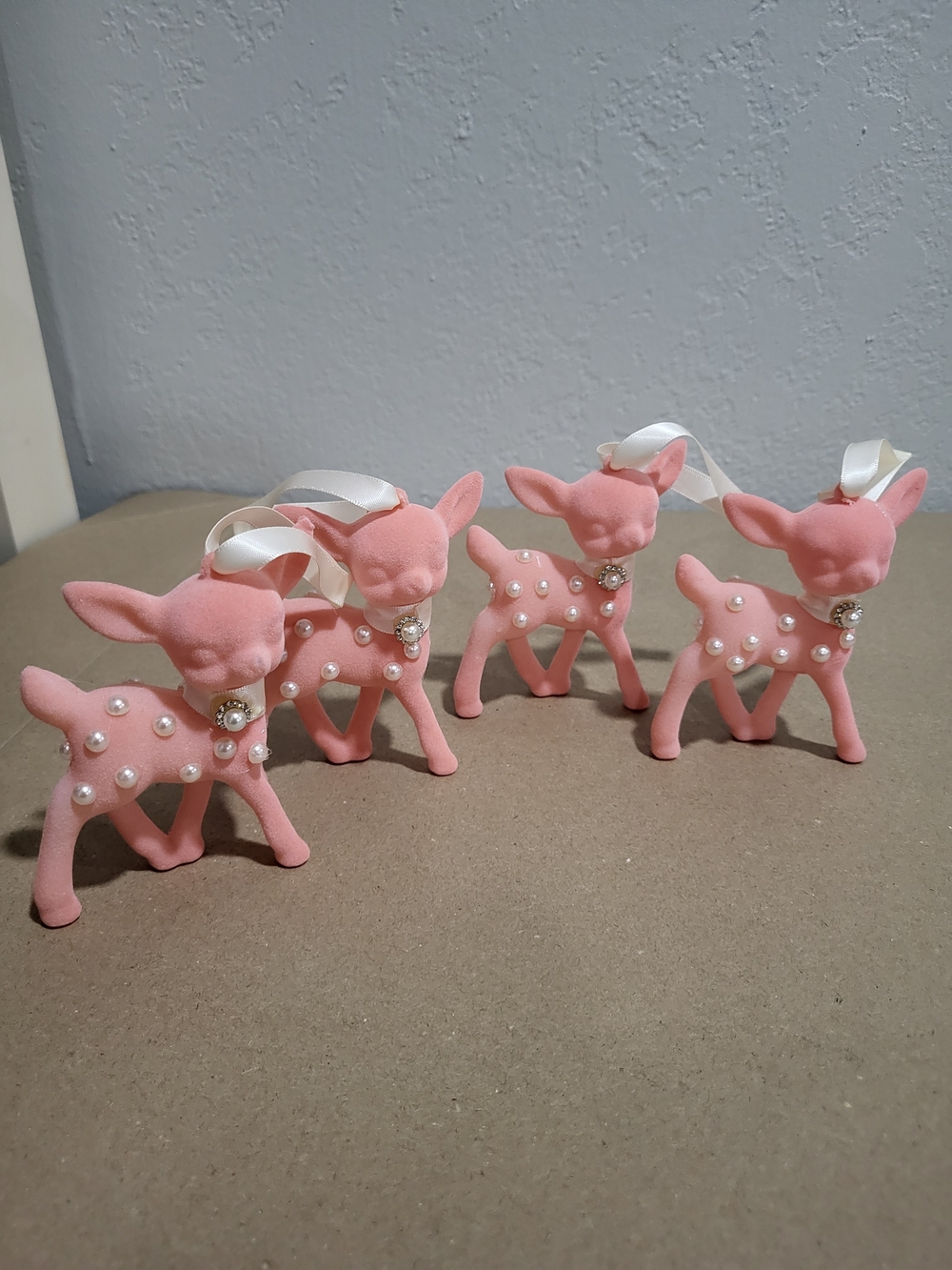 4 Pink Velvet Pearl-Embellished Fawn Ornaments.